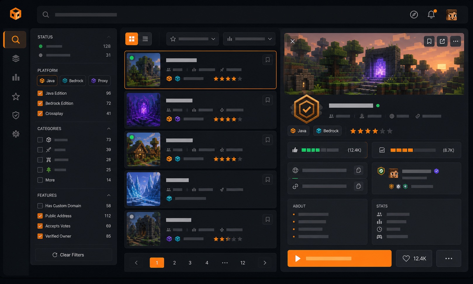 Concept of a Minekube Connect Browser website with server cards, filters, verified endpoint signals, status, voting, and Java/Bedrock support.